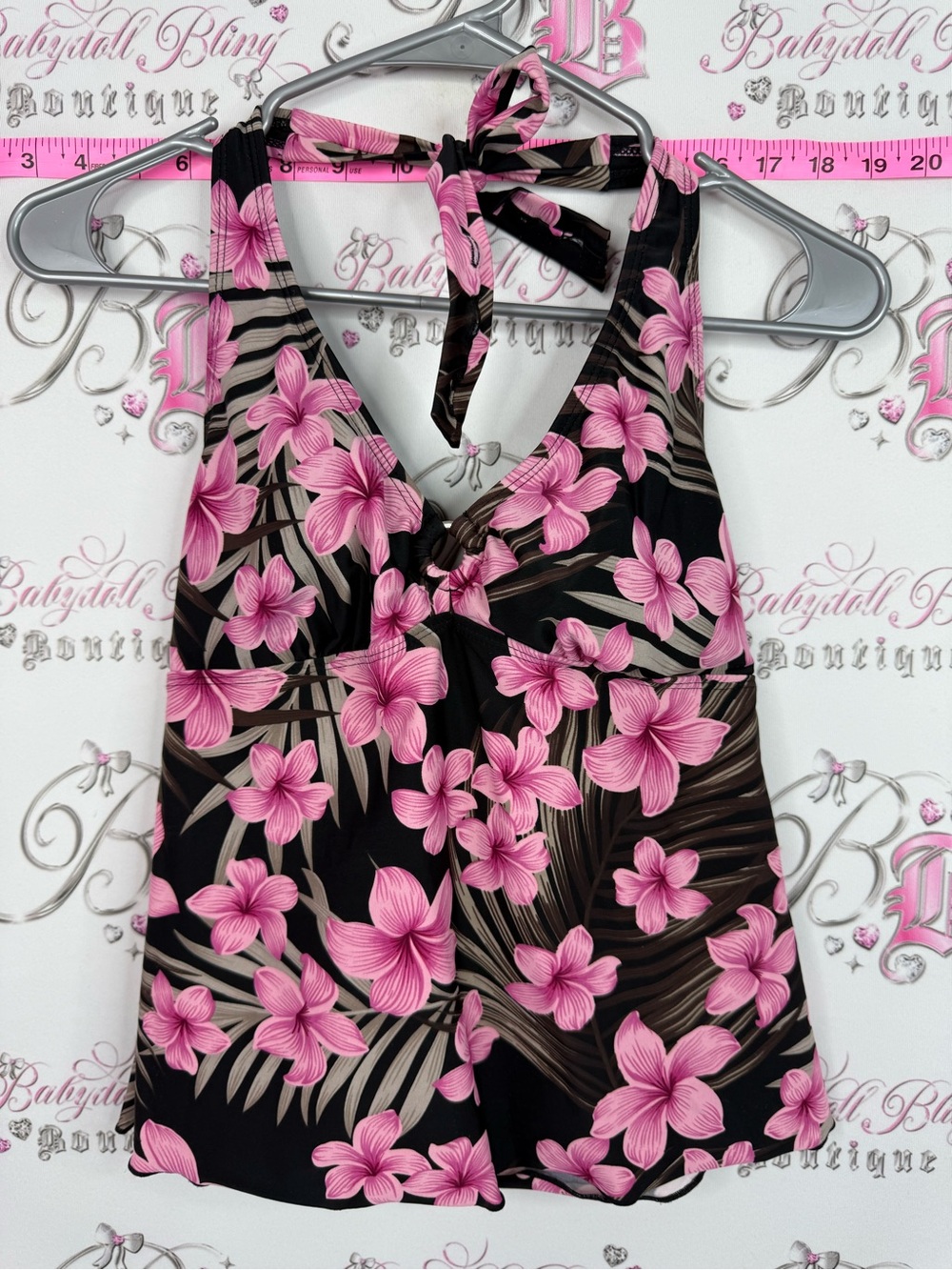 Hawaii tankini top swim pool Floral Halter Tank Top - Pink on Black